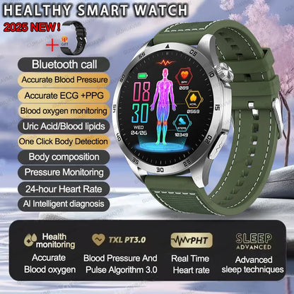Smartwatch with green band and health monitoring features on a scenic background