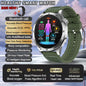 Smartwatch with green band and health monitoring features on a scenic background