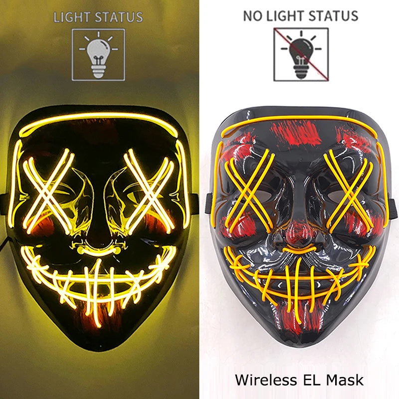 Drahtlose Neon-LED-Reinigungsmaske, im Dunkeln leuchtende Cosplay-Horrormaske, Halloween-Maskerade-Partymasken, leuchtende, lustige Verkleidung