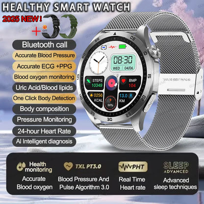 EKG-PPG-Smartwatch für Herren – Blutdruck-, Blutfett- und Harnsäuremonitor mit Bluetooth-Anruffunktion