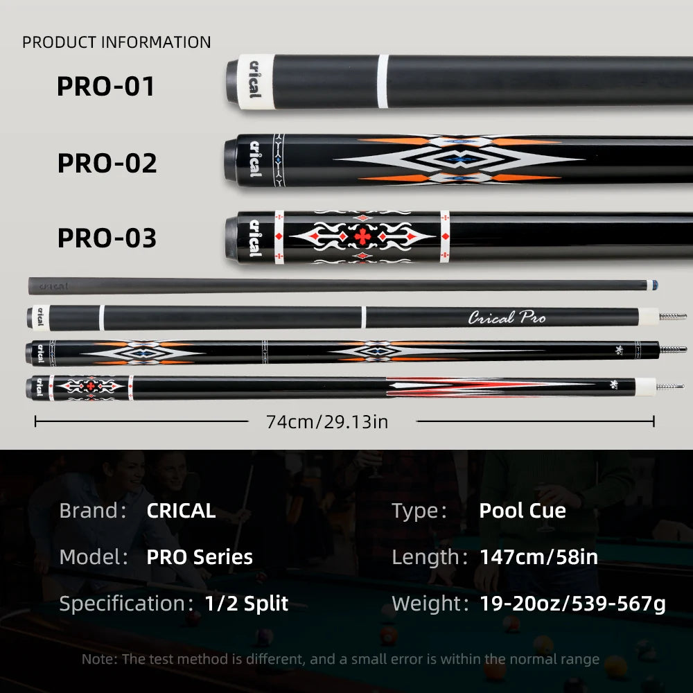 CRICAL CL-PRO Carbon Fiber Pool Cue Stick with 12.5mm Tip 3 * 8/8 Joint Pin  Low Deflection  for Professional 1/2 Billiard Cue