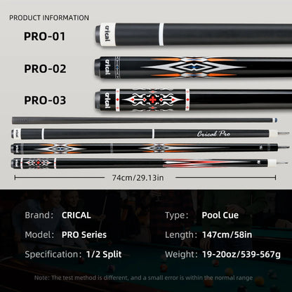 CRICAL CL-PRO Carbon Fiber Pool Cue Stick with 12.5mm Tip 3 * 8/8 Joint Pin  Low Deflection  for Professional 1/2 Billiard Cue