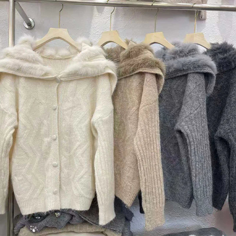 Women's Knit Cardigan With Faux Fur Collar Fashion Long Sleeve Single Breasted Sweater Coat Lady 2026 Spring Chic Streetwear