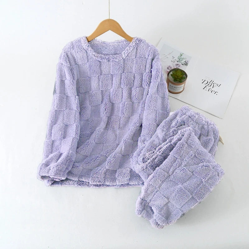 Autumn Winter Plaid O-Neck Pullover Top Loose Elastic Waist Trousers Sets Women's Pajamas Set 2 Pieces Woman Nightwear Sleepwear
