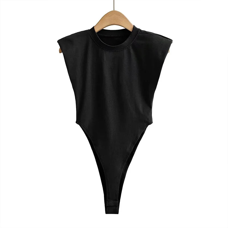 Sexy Oberteile Damen Sommer-Einteiler Bodycon Bodysuit gepolsterter Schulter-Bodysuit schwarze ärmellose Bodys für Damen weiß