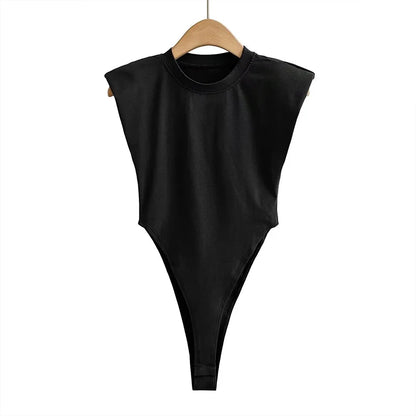 Sexy Oberteile Damen Sommer-Einteiler Bodycon Bodysuit gepolsterter Schulter-Bodysuit schwarze ärmellose Bodys für Damen weiß