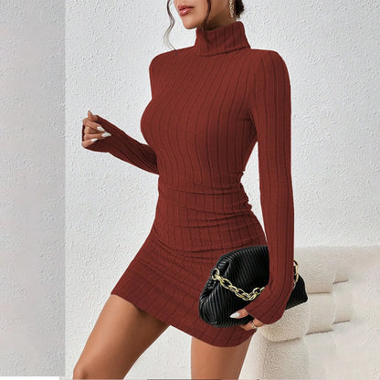 Strick-Unterkleid Damen Elegant Party Herbst Winter Rollkragen Langarm Sexy Etui Mini Kleider Enges Clubkleid