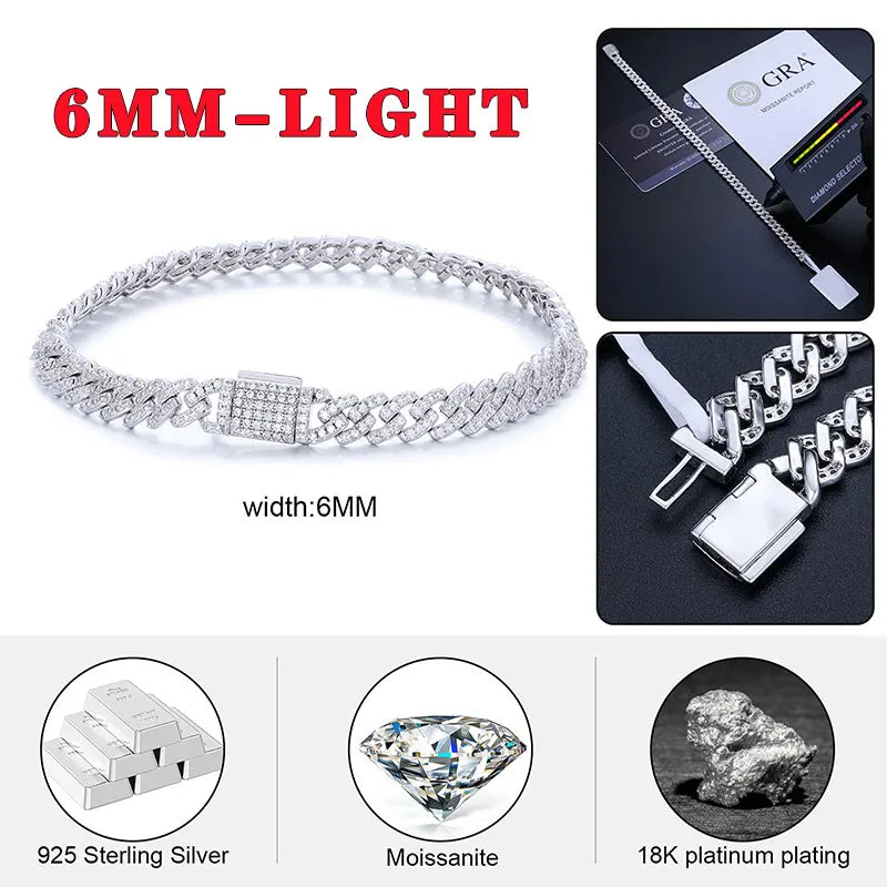 TUHE Unisex VVS1 D Color Moissanite 6mm Cuban Chain Bracelet  S925 Silver For Men Hip Hop Jewelry