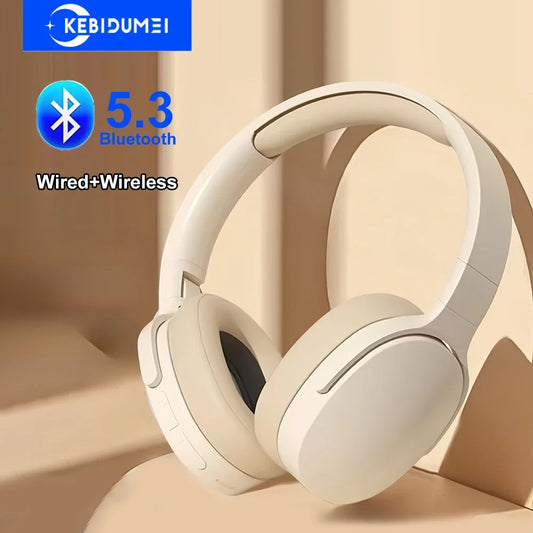 White headphones with Bluetooth 5.3 logo on a beige background, featuring KEBIDUMEI branding.