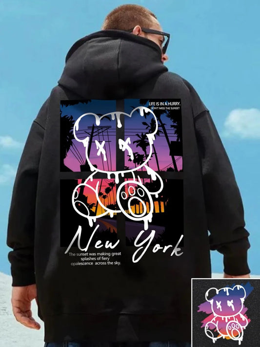 New autumn European and American men's teddy bear graffiti print soft and comfortable hooded sweatshirt outdoor street style clo - Teglex -
