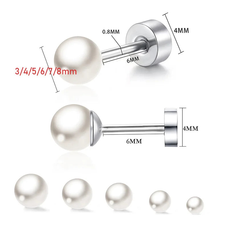 2pcs Simple Imitation Pearl Stud Earrings For Women Girls Stainless Steel Screw Back Pierced Studs Jewelry Gifts