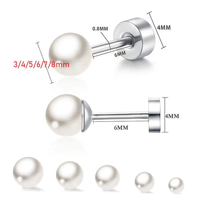 2pcs Simple Imitation Pearl Stud Earrings For Women Girls Stainless Steel Screw Back Pierced Studs Jewelry Gifts