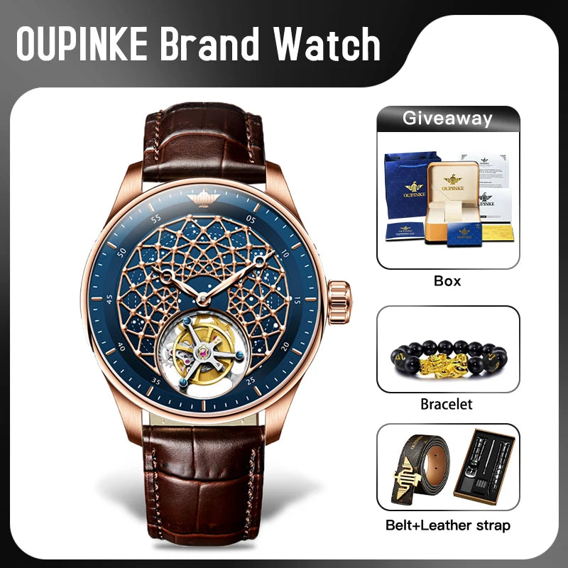 OUPINKE Watch Tourbillon Fully Automatic Mechanical Watch 50M Waterproof Sapphire Mirror Watches