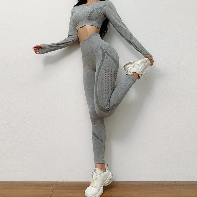 2pc Women's Yoga Suit Set Sports Long Sleeved Clothing Top Seamless High Waist Tight Fitting Breathable Pants Fitness Sportswear