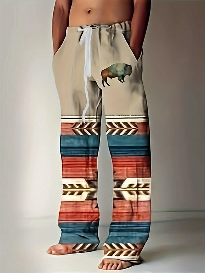 Men's Casual Linen Cotton trousers, Summer Ethnic Printed Beach pants, retro, mid-waist, zippered, Large Size Ropa Hombre