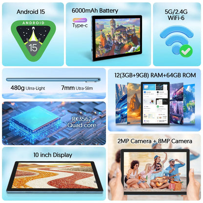 BAKEN 10-Zoll Android 15 Tablet, Quad-Core-Prozessor, 12 GB (3+9 Erweiterung) RAM + 64 GB Speicher, 5G WiFi, 1280*800 Dual-Kameras