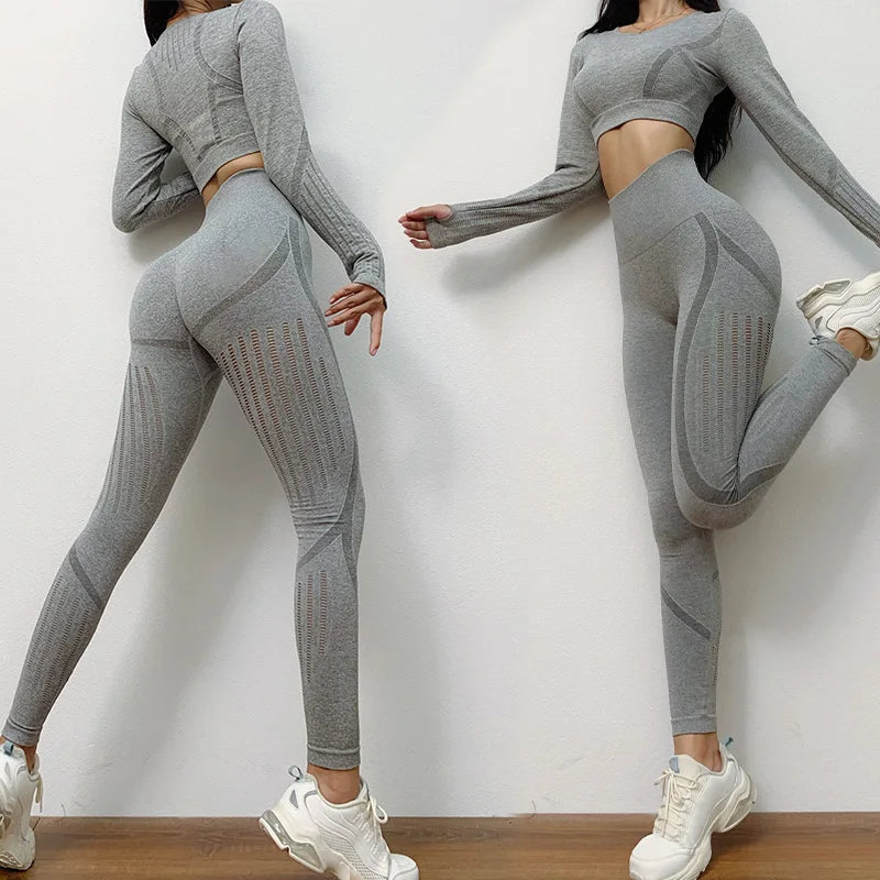 2pc Women's Yoga Suit Set Sports Long Sleeved Clothing Top Seamless High Waist Tight Fitting Breathable Pants Fitness Sportswear