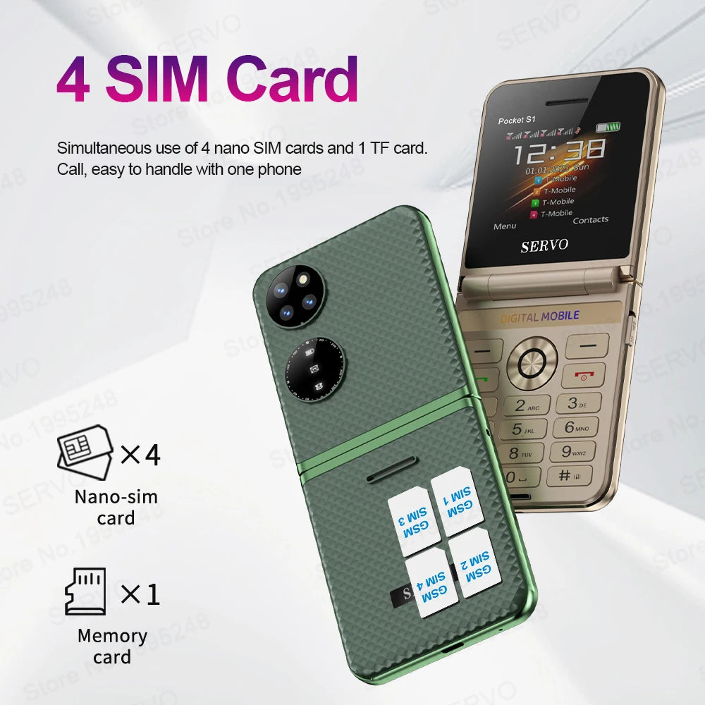 SERVO Pocket S1 Klapp-Handy 4 SIM Standby Anrufaufzeichnung Magische Stimme Kurzwahl Blacklist 2,4" Faltbare tragbare Handys