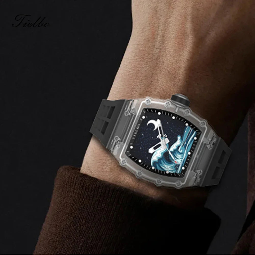 TIELBO Crystal Automatic Mechanical Case Watches Skeleton Sapphire Diamond Wristwatch Waterproof Luminous
