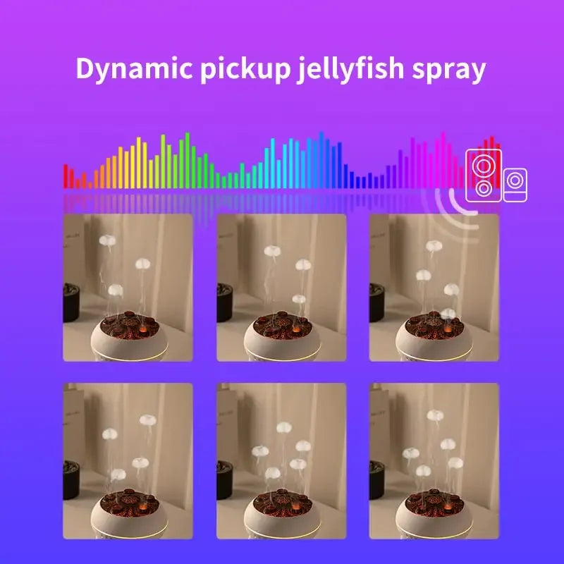 Dynamic pickup jellyfish spray demonstration with sound wave graphics on a purple background.