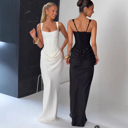 White Lace-Up Maxi Dress | Slim Fit Formal Wedding Guest Party