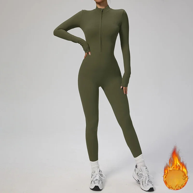 Zipper Winter Fleece Yoga Jumpsuits for Women Bodysuit Longsleeve Sport Overalls Fitness One-Piece Suit Gym Workout Tracksuit