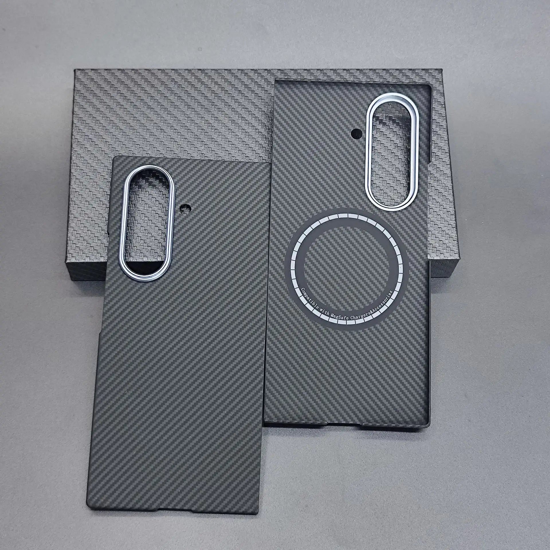 Carbon fiber phone case on a gray background