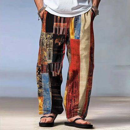 Men's Color Block Patchwork Pants Trousers Mid Waist Drawstring Elastic Waist Hawaiian Casual Outdoor Straight Leg Trousers