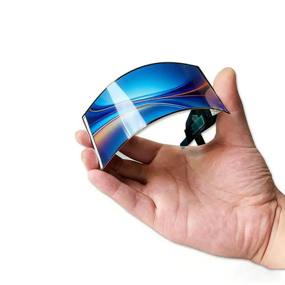 Hand holding a flexible blue smartphone on a white background