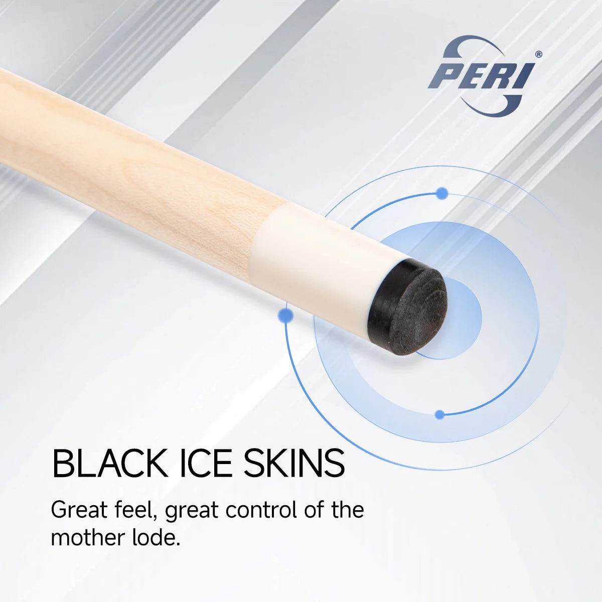 Wooden pool cue with black ice skin on a white background, featuring PERI branding.