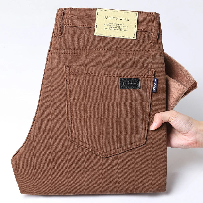 Autumn Winter Warm Men's Fleece Thickened Elastic Pants Business Straight Casual Cotton Pants High End Brand Man Plush Trousers