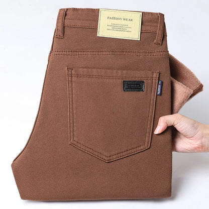 Autumn Winter Warm Men's Fleece Thickened Elastic Pants Business Straight Casual Cotton Pants High End Brand Man Plush Trousers