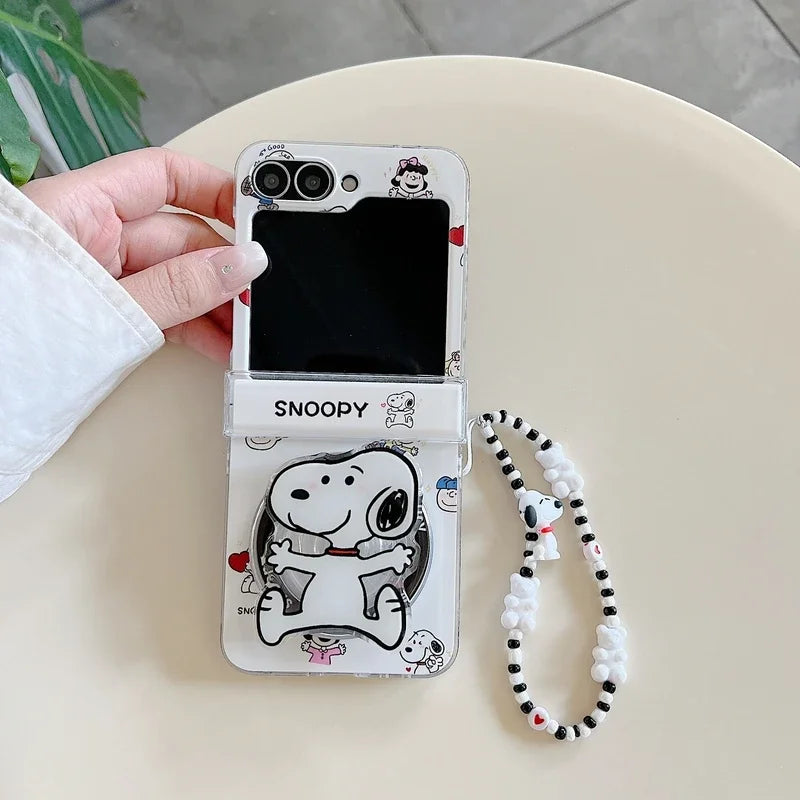 Cute Cartoon Snoopy Charlie Brown Magnetic Holder Wireless Charge Phone Case For Samsung Galaxy Z Flip 7 6 5 4 3 Hard TPU Cover