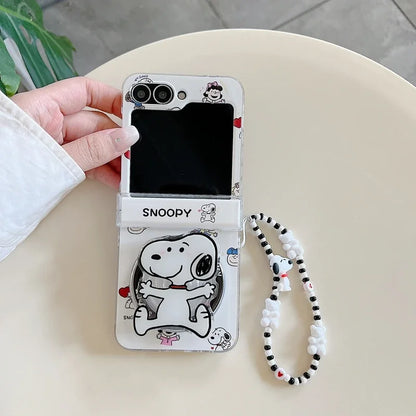 Cute Cartoon Snoopy Charlie Brown Magnetic Holder Wireless Charge Phone Case For Samsung Galaxy Z Flip 7 6 5 4 3 Hard TPU Cover