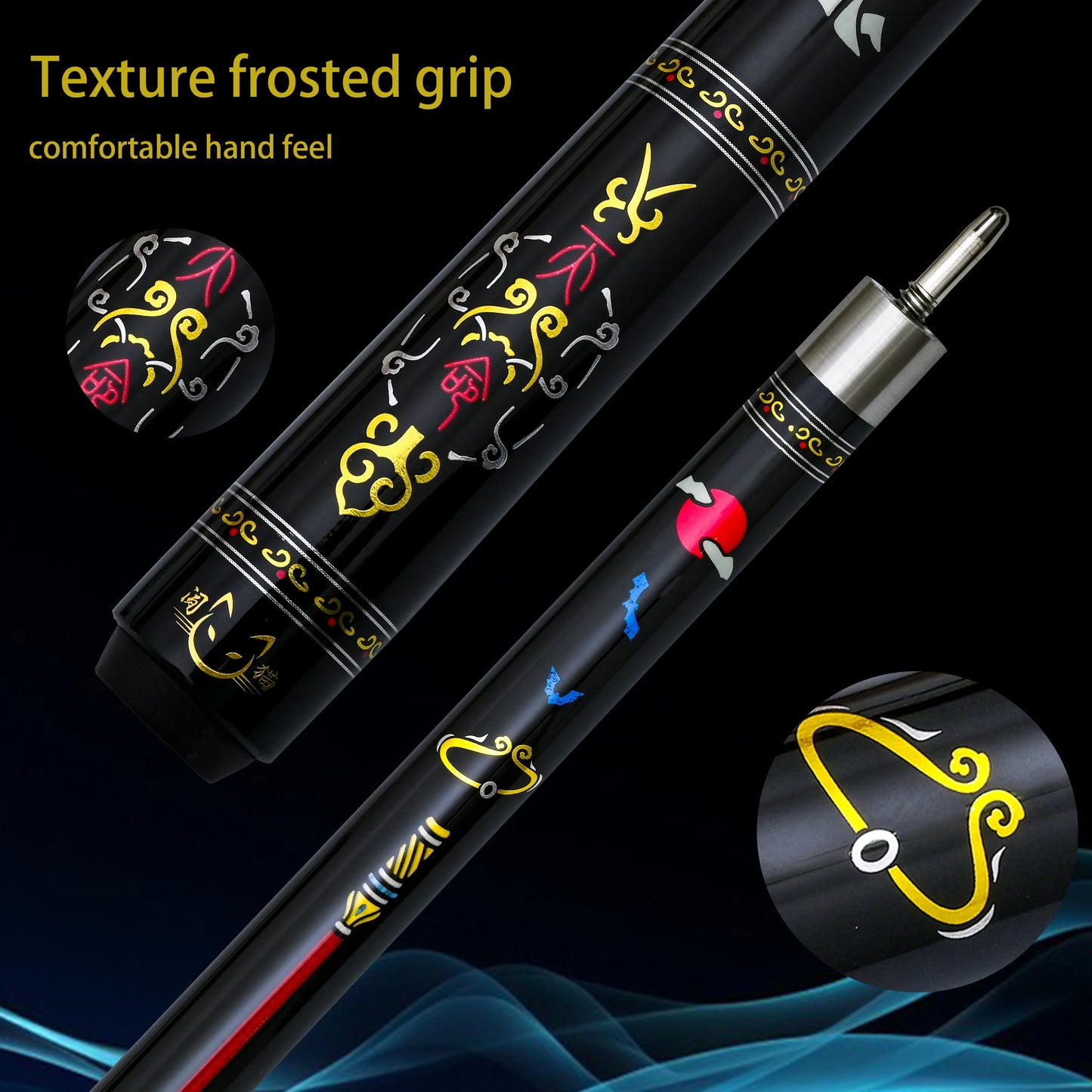 12.5mm Multi-Layer Tip Hard Maple Pool Cue with Gold Stamped Patterns - 58.66 Inch Stainless Steel Quick-Release Joint