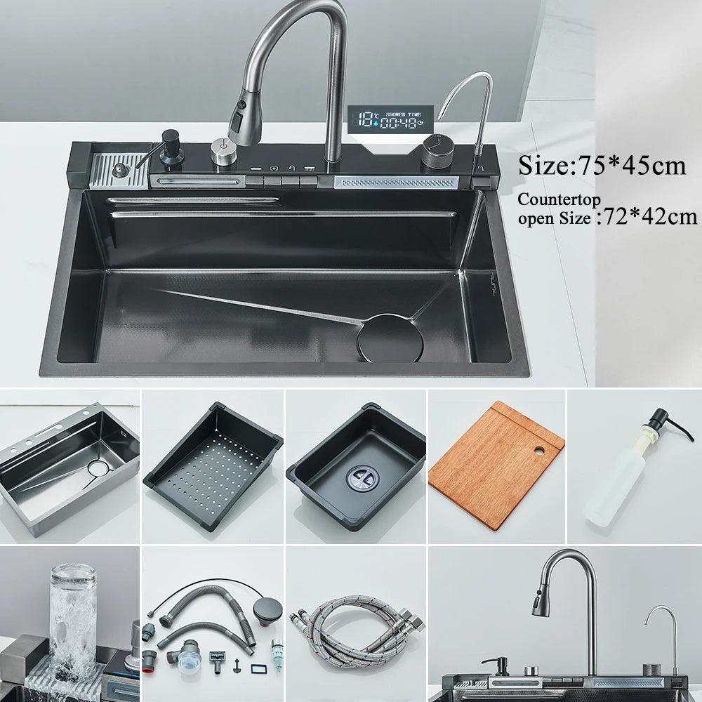 Smart Kitchen Sink Set – Digital Display, Waterfall, Water Purifier & Soap Dispenser