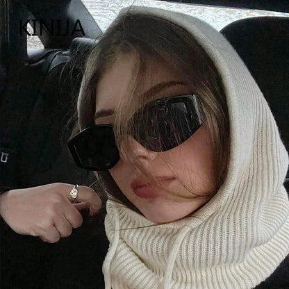 Women Knitted Balaclava Fashion Fake Collar Shawl Hooded Hat Thick Warm Beanines Winter Hat official website tool undefine
