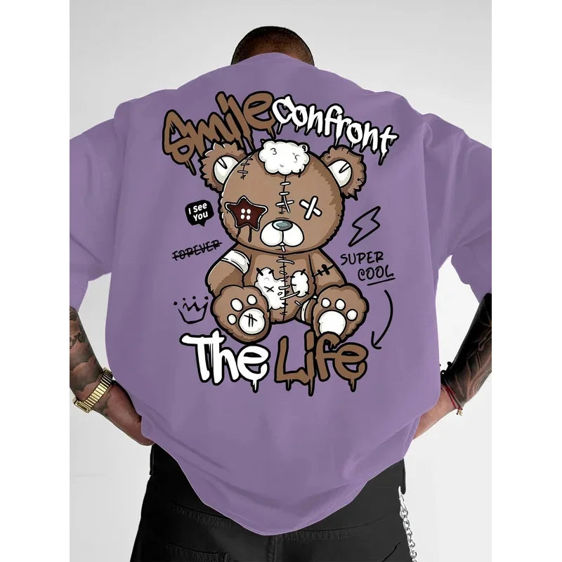 Summer's new fashionable men's Teddy bear letter printed comfortable and breathable neck T-shirt with outdoor high street top