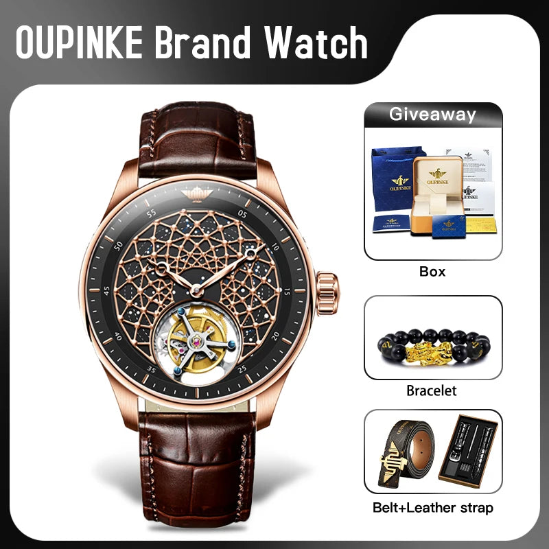 OUPINKE Watch Tourbillon Fully Automatic Mechanical Watch 50M Waterproof Sapphire Mirror Watches