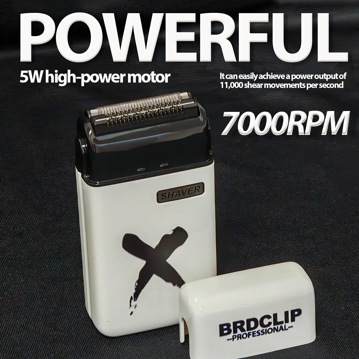 Shaver with 'BRDCLIP PROFESSIONAL' branding on a black background, featuring text about power and specifications.