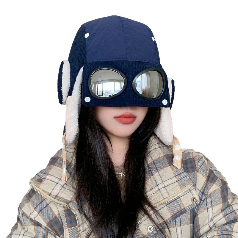 Autumn and winter velvet warm hat, women's goggles, flight hat, outdoor cycling windproof ear protection, Lei Feng hat