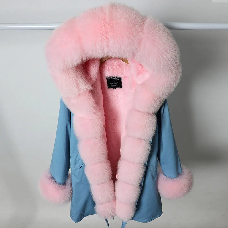 MAOMAOKONG Brand Long Winter Jacket Women Outwear Thick Parkas Natural Real Fox Fur Collar Coat Hooded Pink Female Clothing