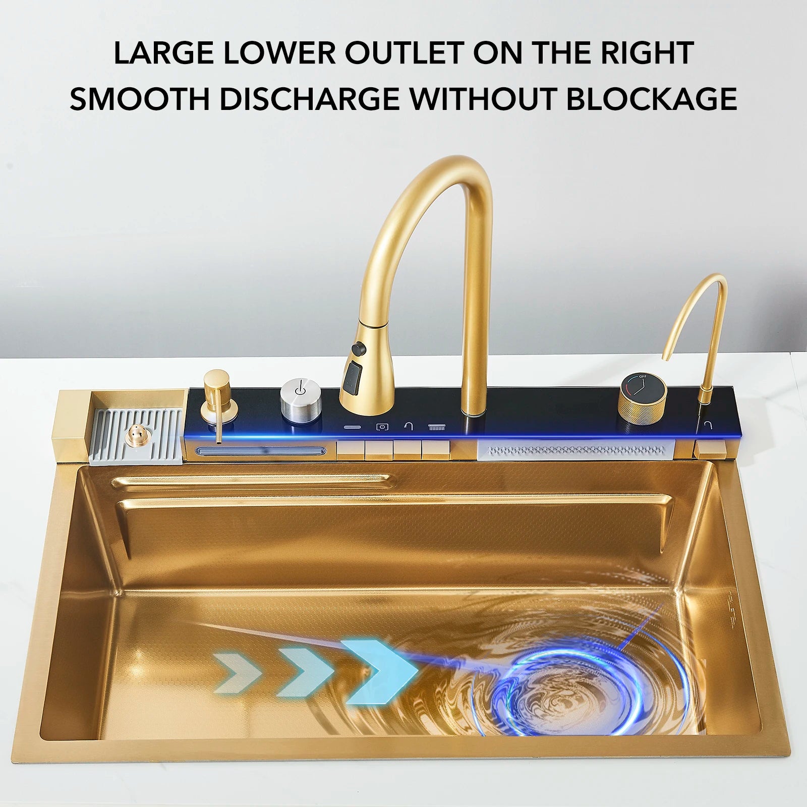 Gold kitchen sink with large lower outlet on the right, on a white background