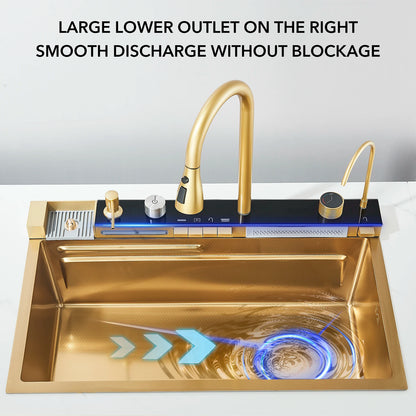 Gold kitchen sink with large lower outlet on the right, on a white background