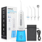 INSMART dental water flosser with packaging, nozzles, and charging cable on a white background