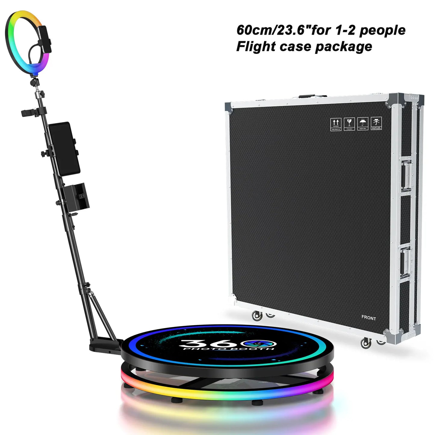 360° Fotoautomaten-Maschine Selfie-Stand Kostenlos anpassbares Logo mit RGB-Licht App-Fernbedienung für Partys und Events mit Koffer