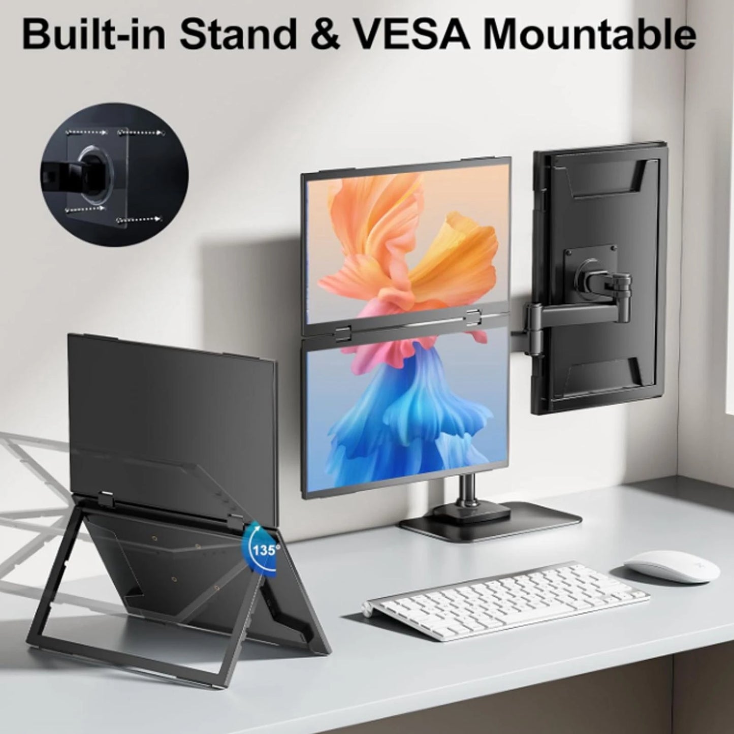 Computer monitor with stand and VESA mount on a desk