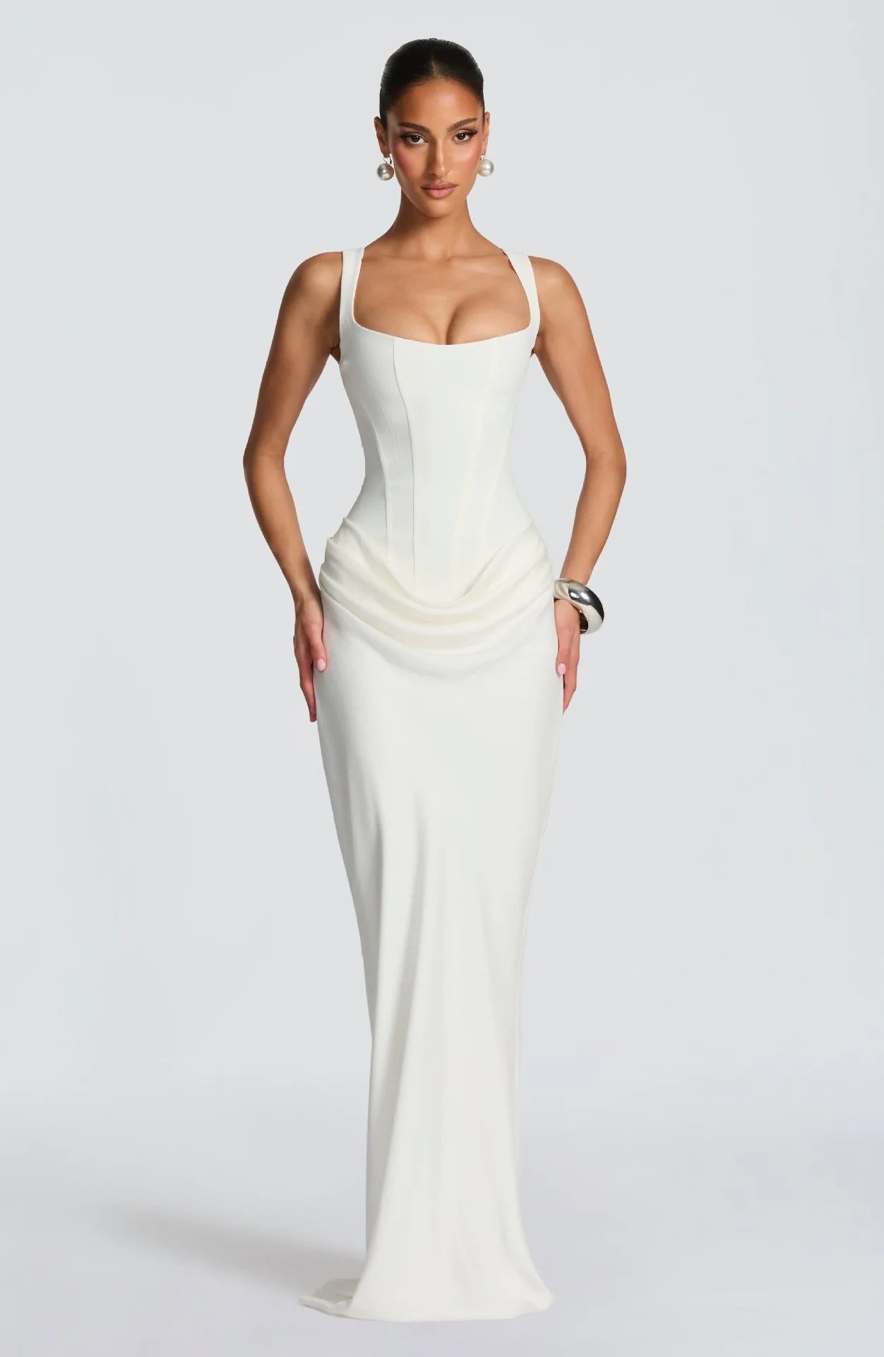 Brown Off-Shoulder Pleated Banquet Dress