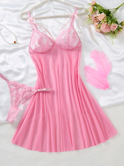 Ladies' wine red countryside style wheat ear embroidery semi transparent nightgown, elegant and comfortable, bow design ZA825066