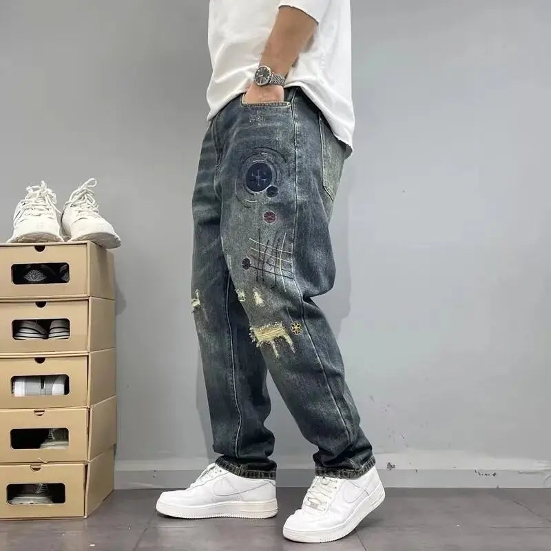 Four Seasons Neue Mode Herren American High Street Loch-Patched Loose Wide Leg Jeans Hose Vintage Washed Denim Hose Herren